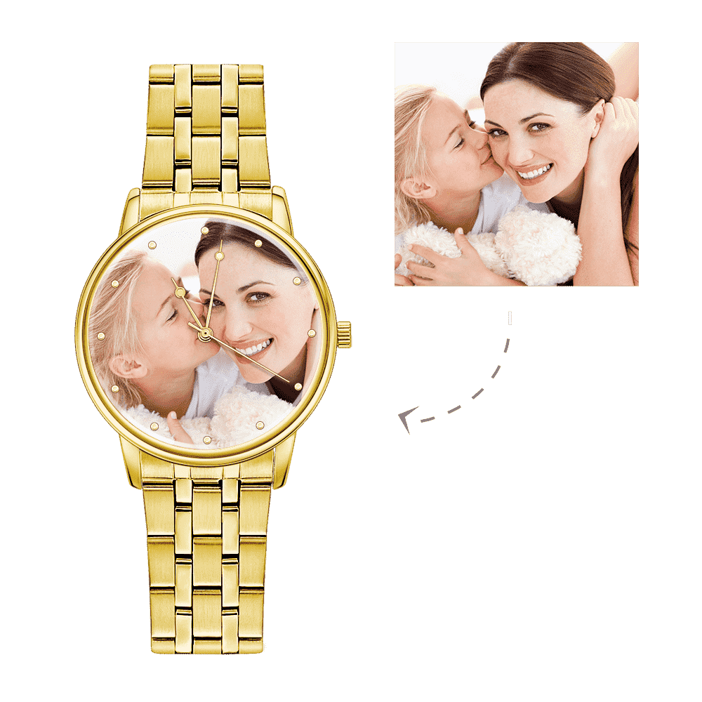 Unisex Engraved Gold Alloy Bracelet Photo Watch 40mm - yournamenecklaceuk