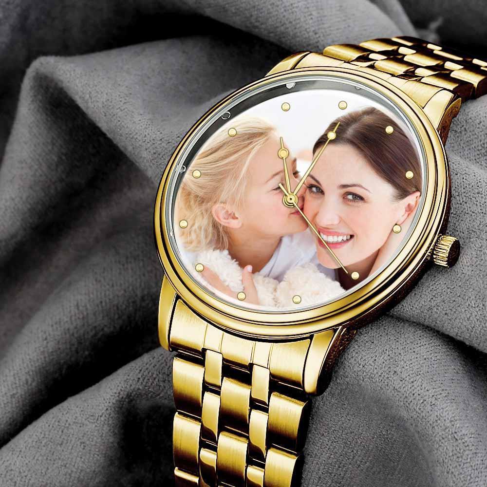 Unisex Engraved Gold Alloy Bracelet Photo Watch 40mm - yournamenecklaceuk