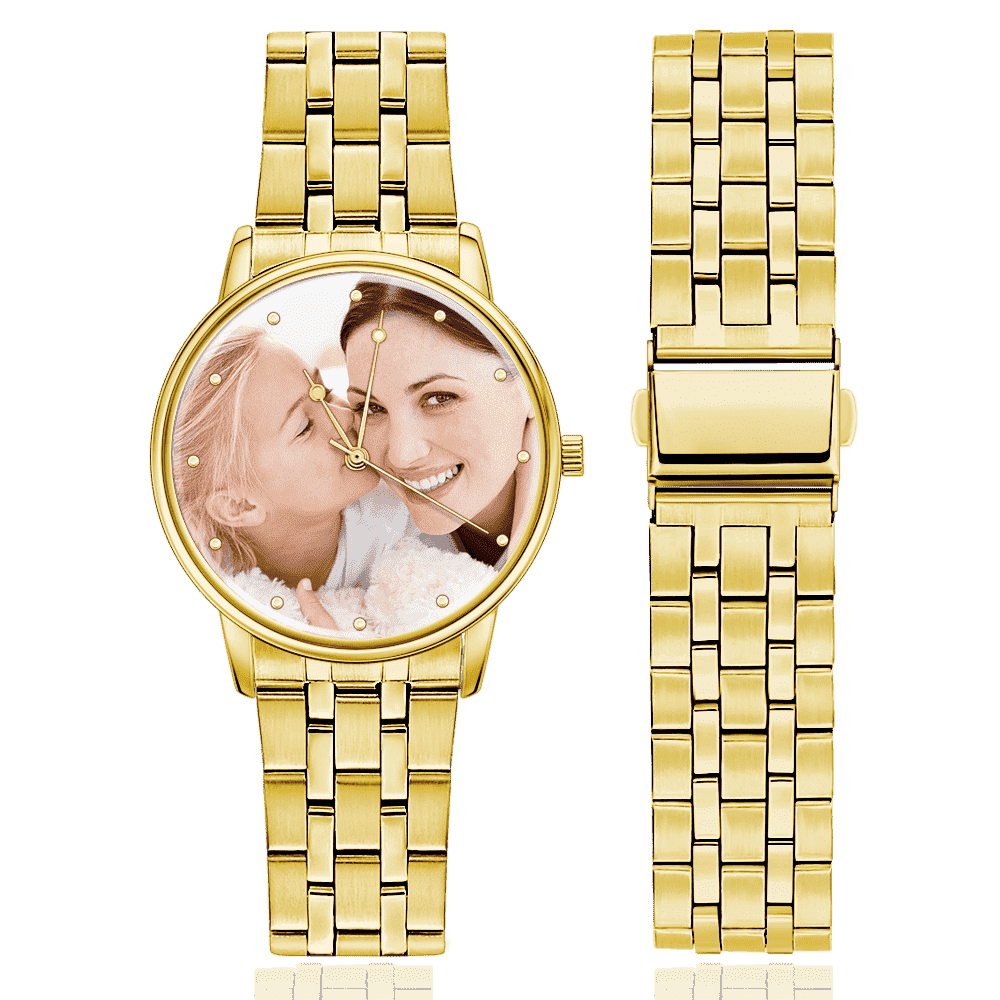 Unisex Engraved Gold Alloy Bracelet Photo Watch 40mm - yournamenecklaceuk