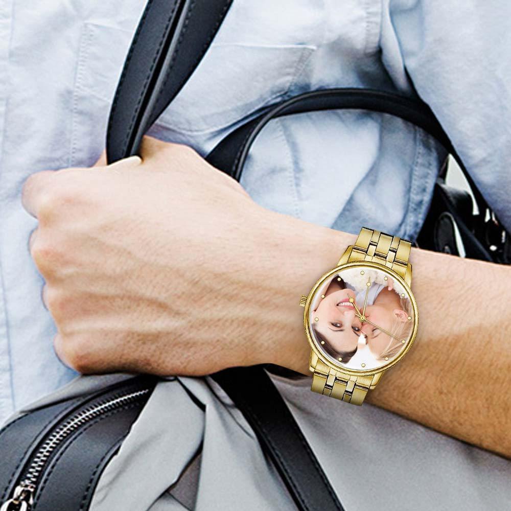 Unisex Engraved Gold Alloy Bracelet Photo Watch 40mm - yournamenecklaceuk