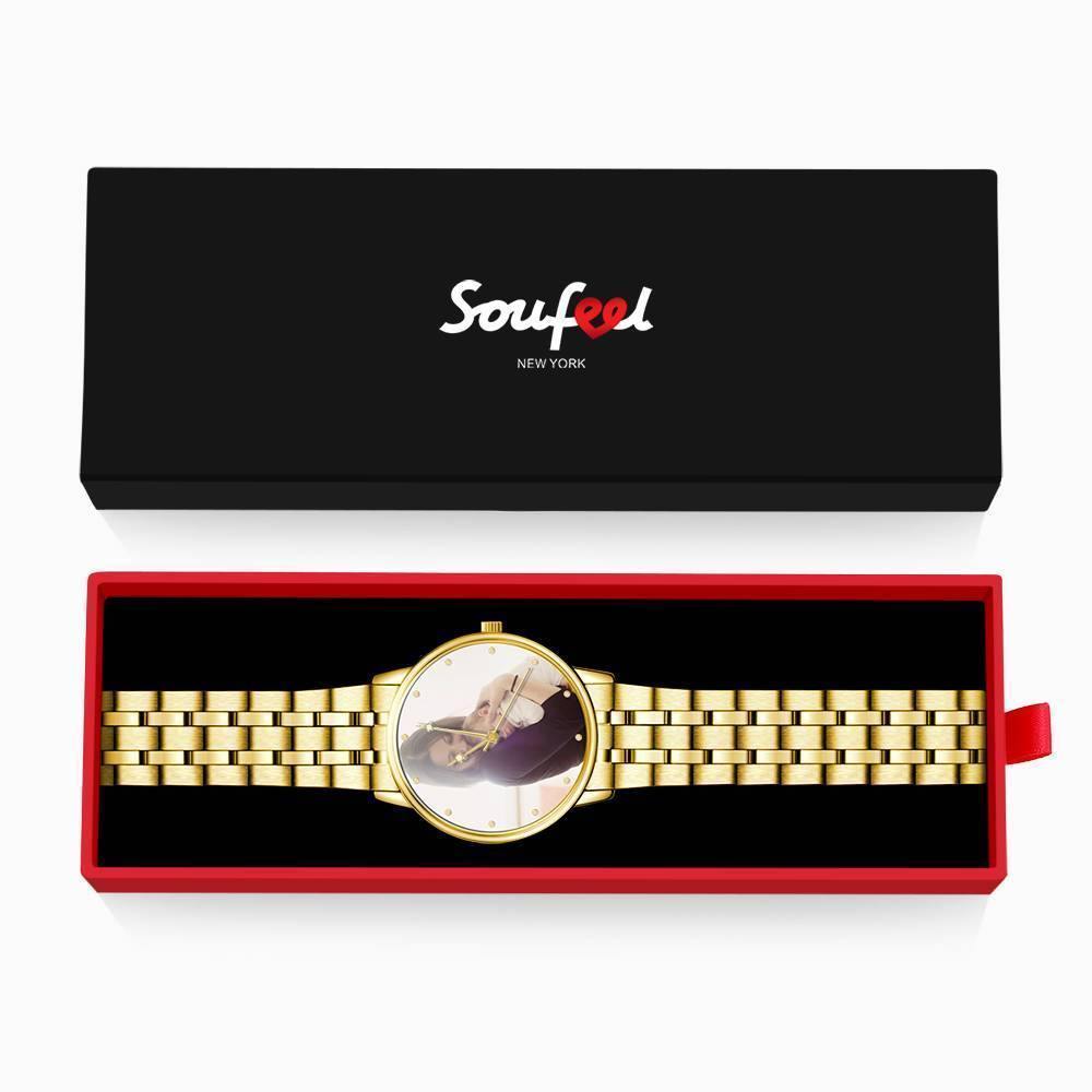 Unisex Engraved Gold Alloy Bracelet Photo Watch 40mm - yournamenecklaceuk