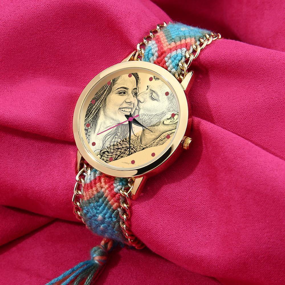 Women's Gold Photo Engraved Watch Braided Color Rope Strap 40mm - yournamenecklaceuk