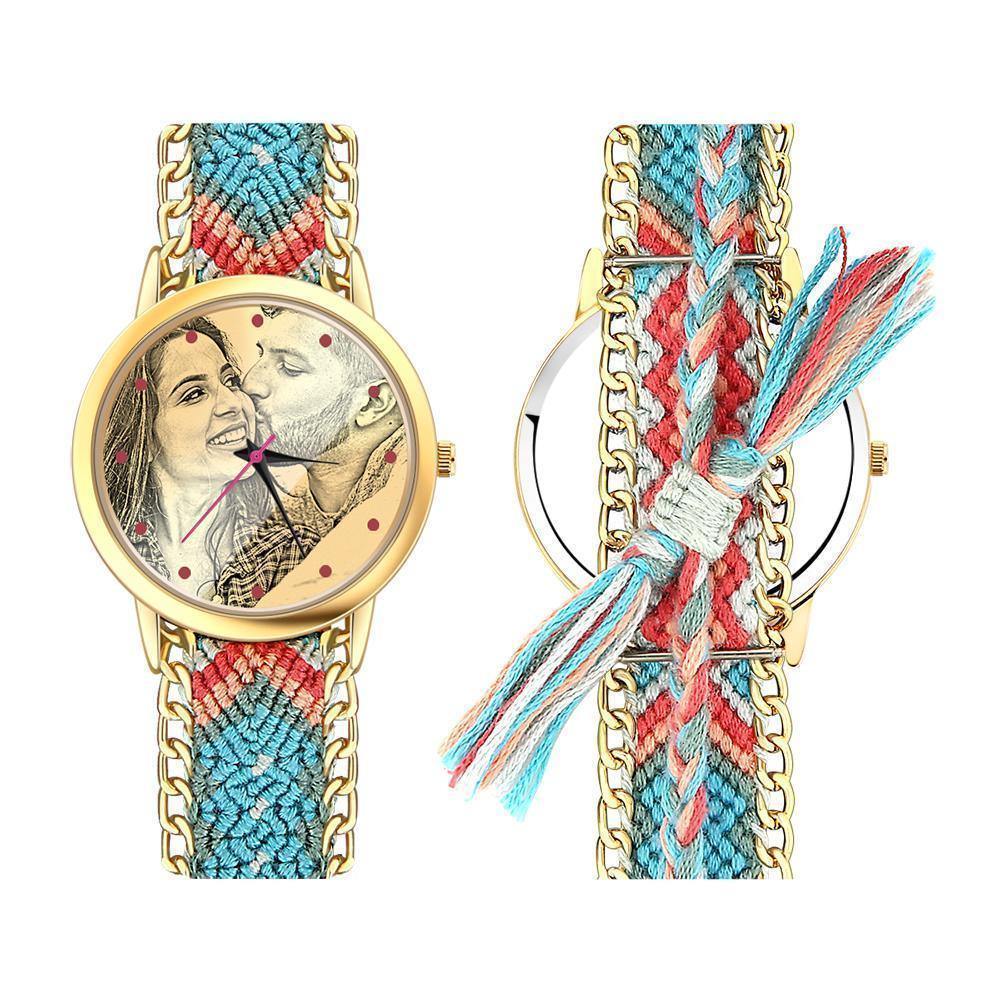 Women's Gold Photo Engraved Watch Braided Color Rope Strap 40mm - yournamenecklaceuk
