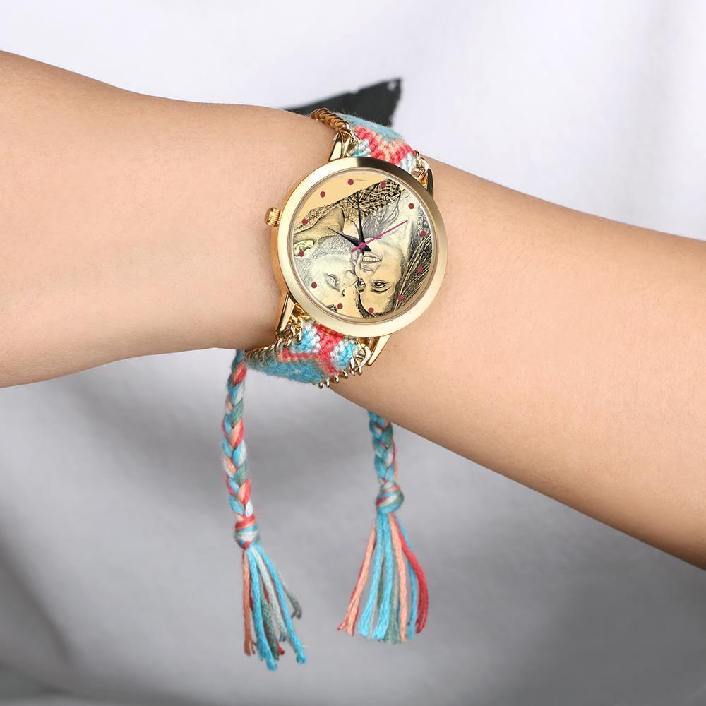 Women's Gold Photo Engraved Watch Braided Color Rope Strap 40mm - yournamenecklaceuk