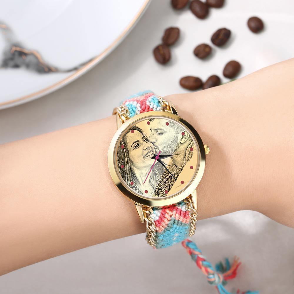 Women's Gold Photo Engraved Watch Braided Color Rope Strap 40mm - yournamenecklaceuk