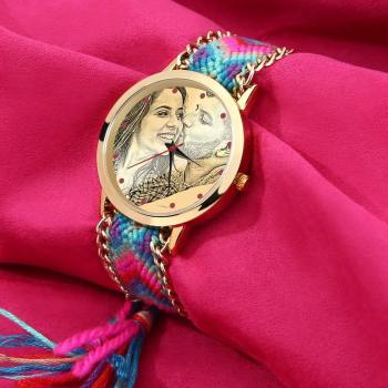 Women's Gold Photo Engraved Watch Braided Color Rope Strap 40mm - yournamenecklaceuk