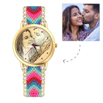 Women's Gold Photo Engraved Watch Braided Color Rope Strap 40mm - yournamenecklaceuk