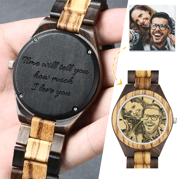 Men's Engraved Wooden Photo Watch Wooden Strap 45mm