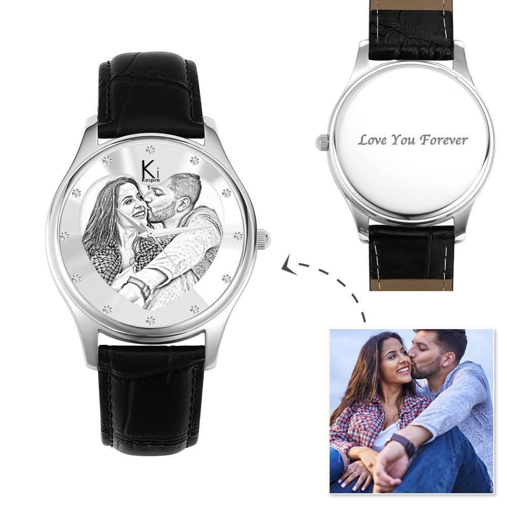 Women's Engraved Photo Watch 40mm Black Leather Strap - Sketch - yournamenecklaceuk