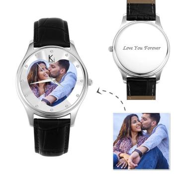 Women's Engraved Black Photo Watch 40mm Black Leather Strap - yournamenecklaceuk