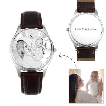 Women's Engraved Photo Watch 40mm Brown Leather Strap- Sketch - yournamenecklaceuk