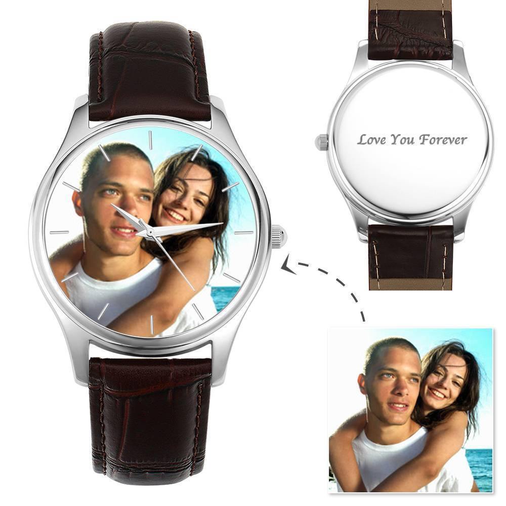 Men's Engraved Photo Watch 43mm Brown Leather Strap - yournamenecklaceuk