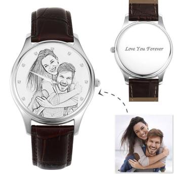 Men's Engraved Photo Watch 43mm Brown Leather Strap - Sketch - yournamenecklaceuk