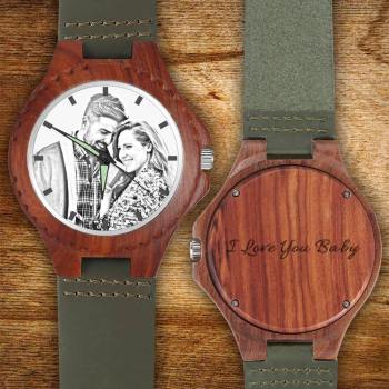 Unisex Engraved Photo Watch 48mm Wood Grain and Dark Green Strap - Sketch - yournamenecklaceuk