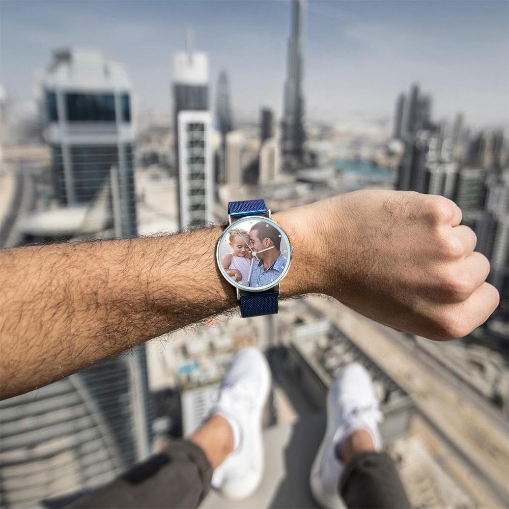 Personalized Engraved Watch, Custom Your Own Photo Watch with Blue Strap - yournamenecklaceuk