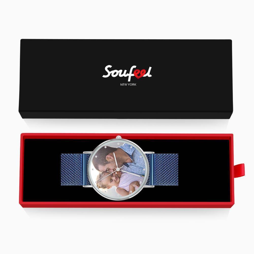 Personalized Engraved Watch, Custom Your Own Photo Watch with Blue Strap - yournamenecklaceuk