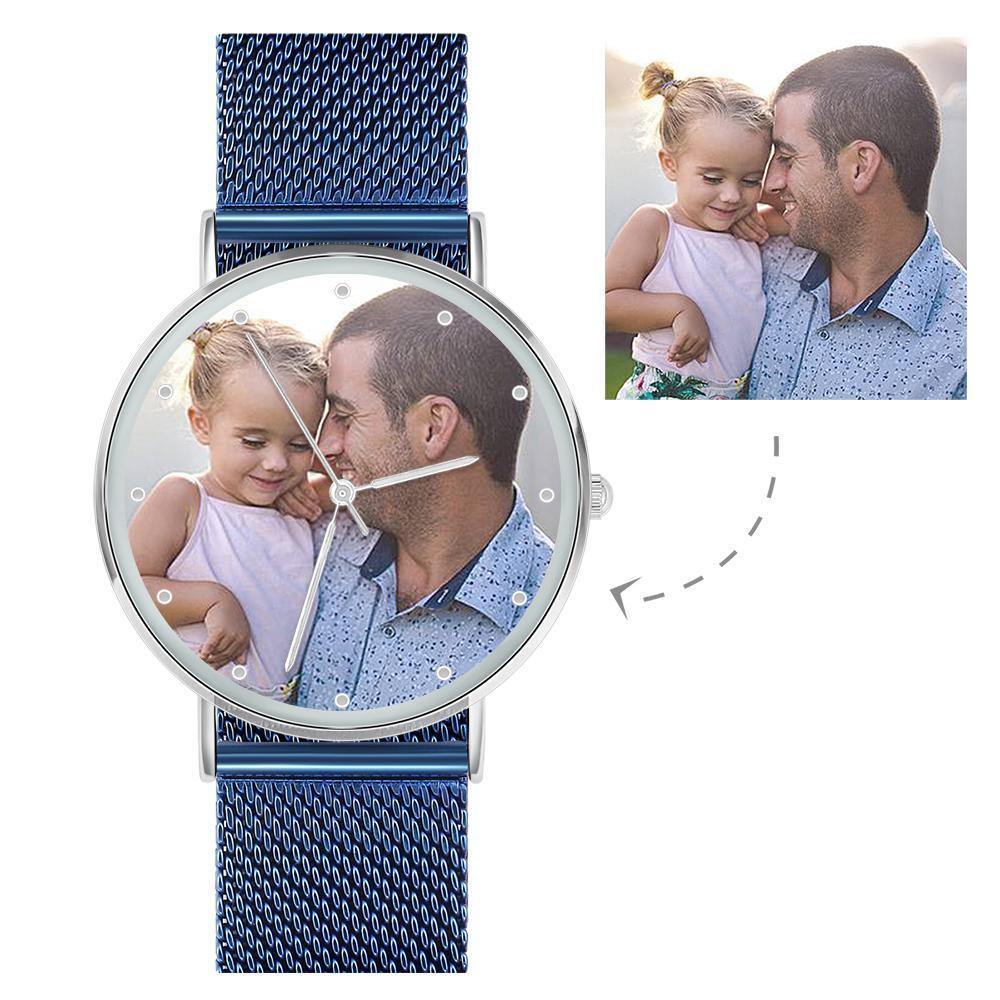 Personalized Engraved Watch, Custom Your Own Photo Watch with Blue Strap - yournamenecklaceuk