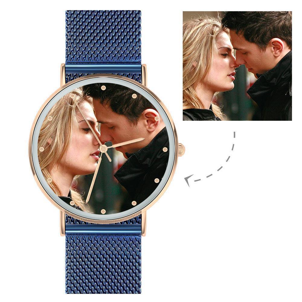 Personalized Engraved Watch, Custom Your Own Photo Watch with Blue Strap - yournamenecklaceuk