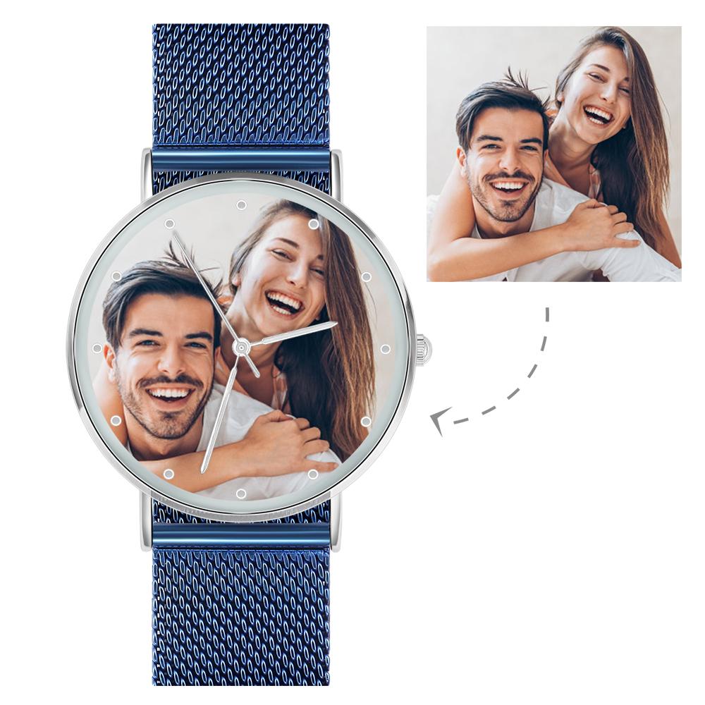 Custom Your Own  Women Photo Engraved Watch with Blue Strap