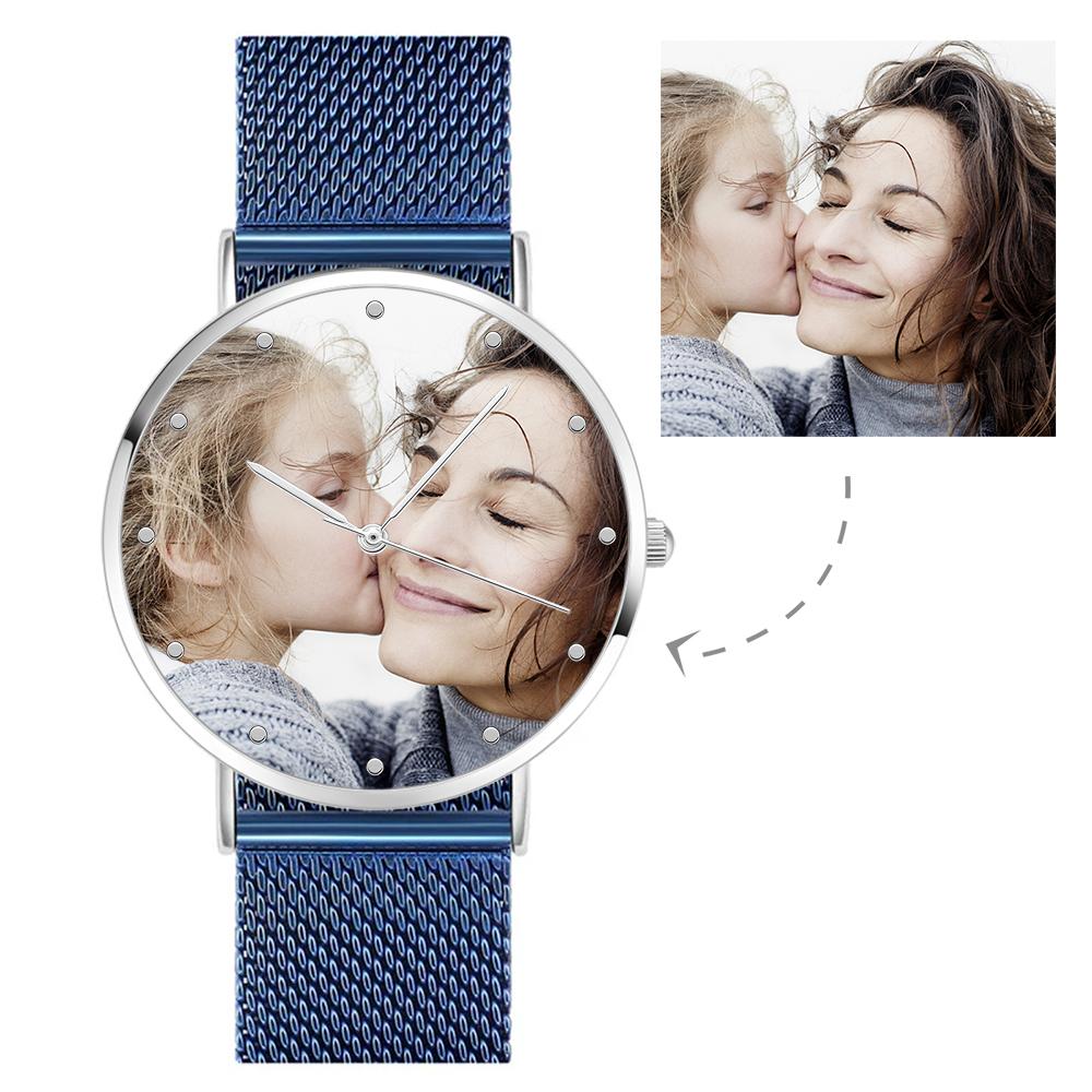 Custom Your Own  Women Photo Engraved Watch with Blue Strap