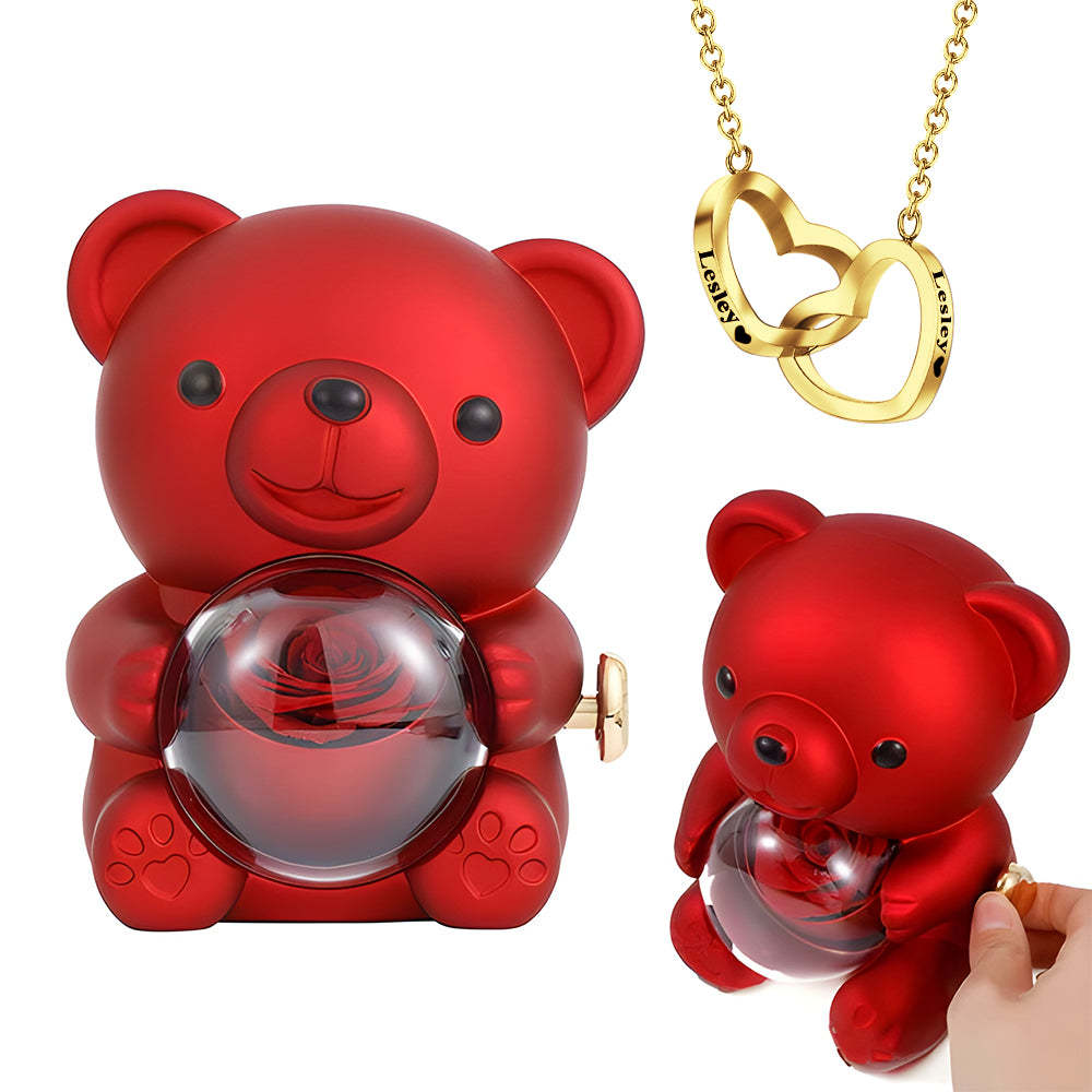 Engraved Heart Necklace with Real Rose Bear Giftbox Rose Shaped Necklace Gift Box Jewellery Gift Box - yournamenecklaceuk