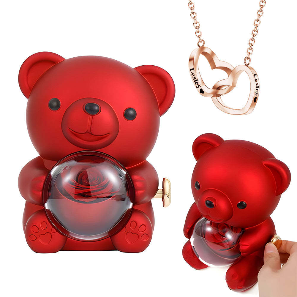 Engraved Heart Necklace with Real Rose Bear Giftbox Rose Shaped Necklace Gift Box Jewellery Gift Box - yournamenecklaceuk