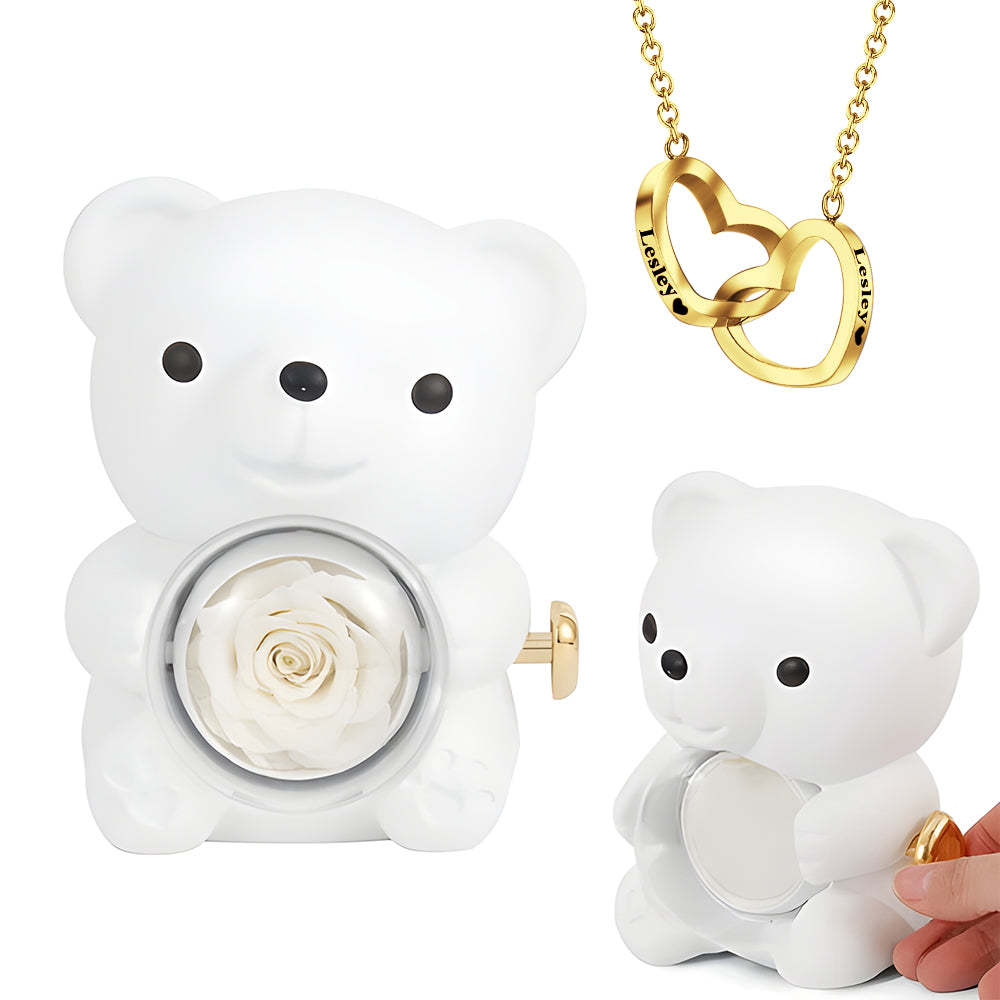 Engraved Heart Necklace with Real Rose Bear Giftbox Rose Shaped Necklace Gift Box Jewellery Gift Box - yournamenecklaceuk