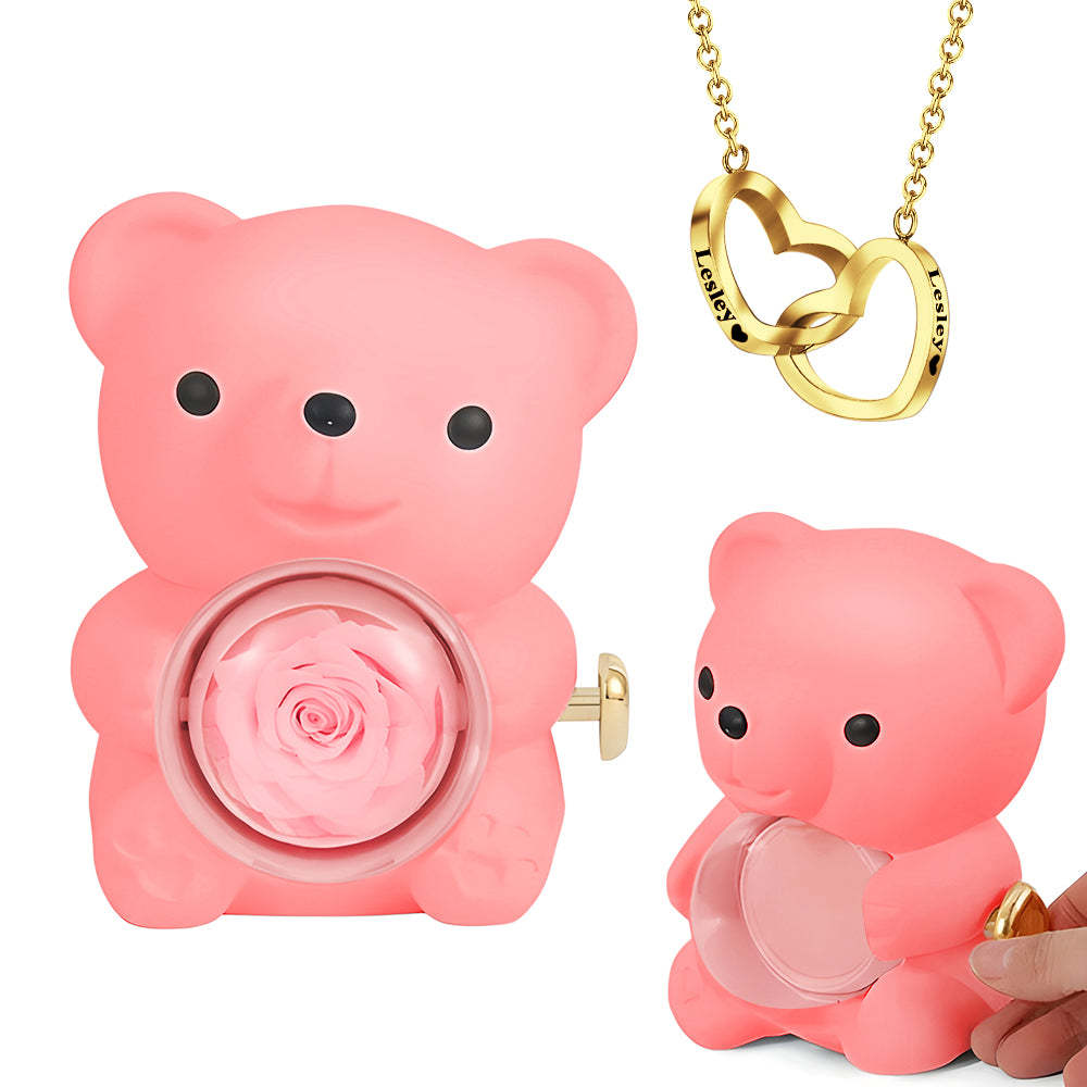 Engraved Heart Necklace with Real Rose Bear Giftbox Rose Shaped Necklace Gift Box Jewellery Gift Box - yournamenecklaceuk