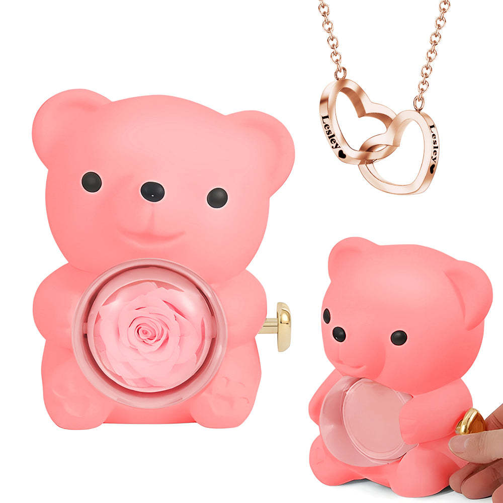 Engraved Heart Necklace with Real Rose Bear Giftbox Rose Shaped Necklace Gift Box Jewellery Gift Box - yournamenecklaceuk