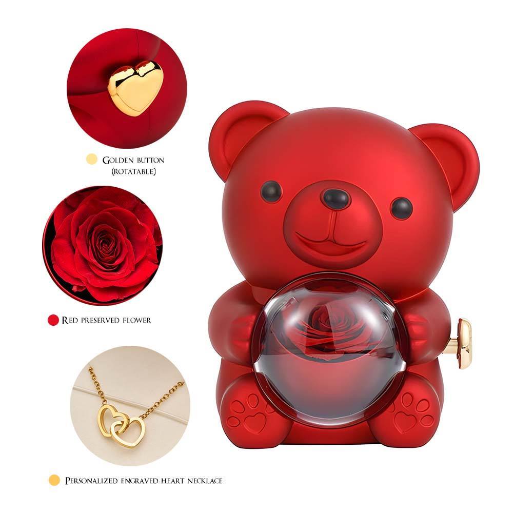 Engraved Heart Necklace with Real Rose Bear Giftbox Rose Shaped Necklace Gift Box Jewellery Gift Box