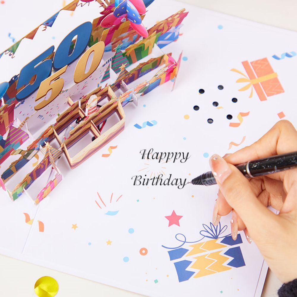 Lights and Music 50th Happy Birthday 3D Pop Up Greeting Card for Her or Him - yournamenecklaceuk