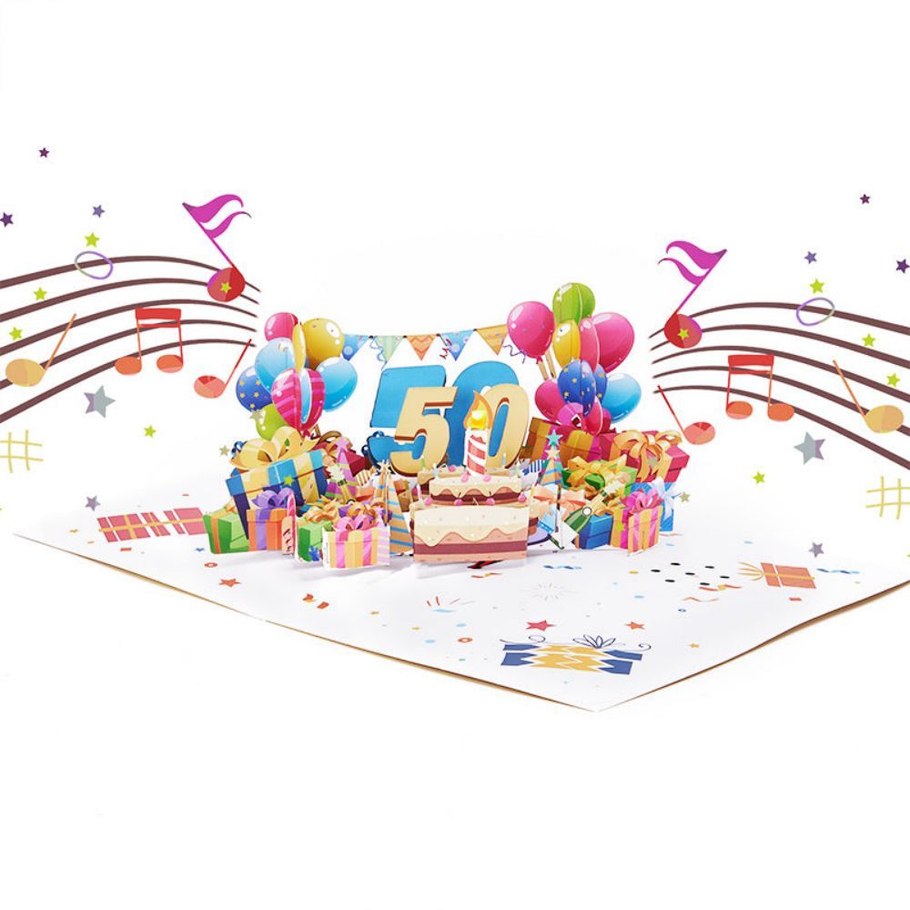 Lights and Music 50th Happy Birthday 3D Pop Up Greeting Card for Her or Him - yournamenecklaceuk