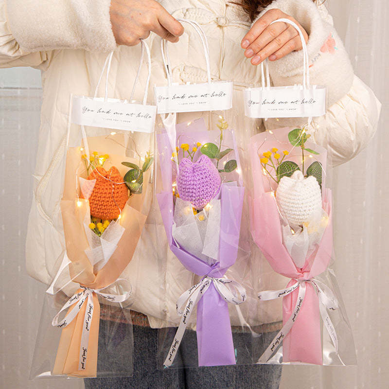 Crochet Flowers Bouquet Handmade Knitted Tulip Carnation Bouquet with Light Strip Gift for Her - yournamenecklaceuk