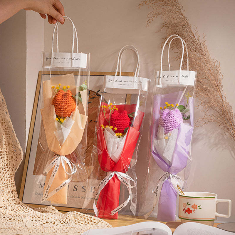 Crochet Flowers Bouquet Handmade Knitted Tulip Carnation Bouquet with Light Strip Gift for Her - yournamenecklaceuk
