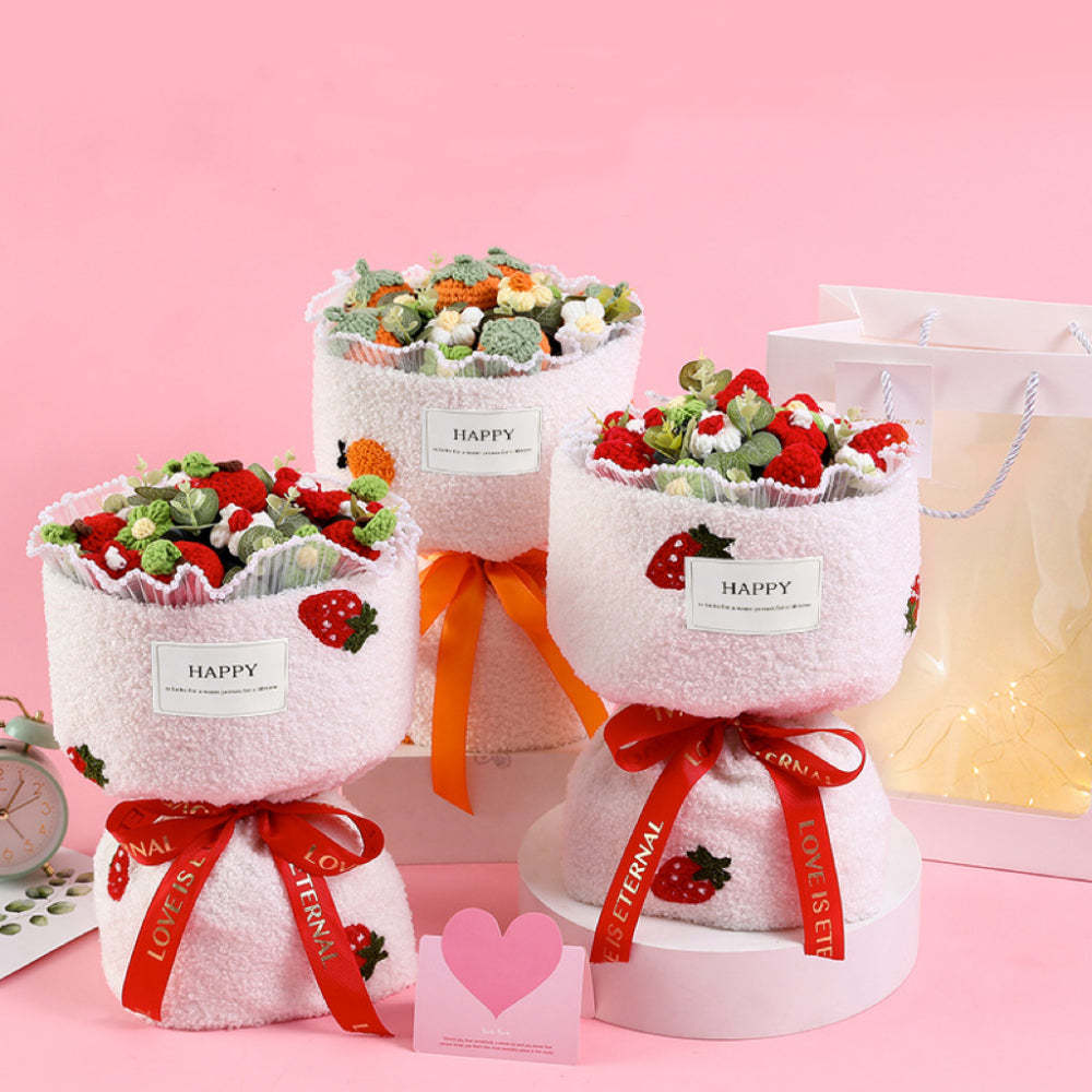 Crochet Flowers Bouquet Handmade Knitted Strawberry Bouquet with Light Strip Gift for Lovers - yournamenecklaceuk