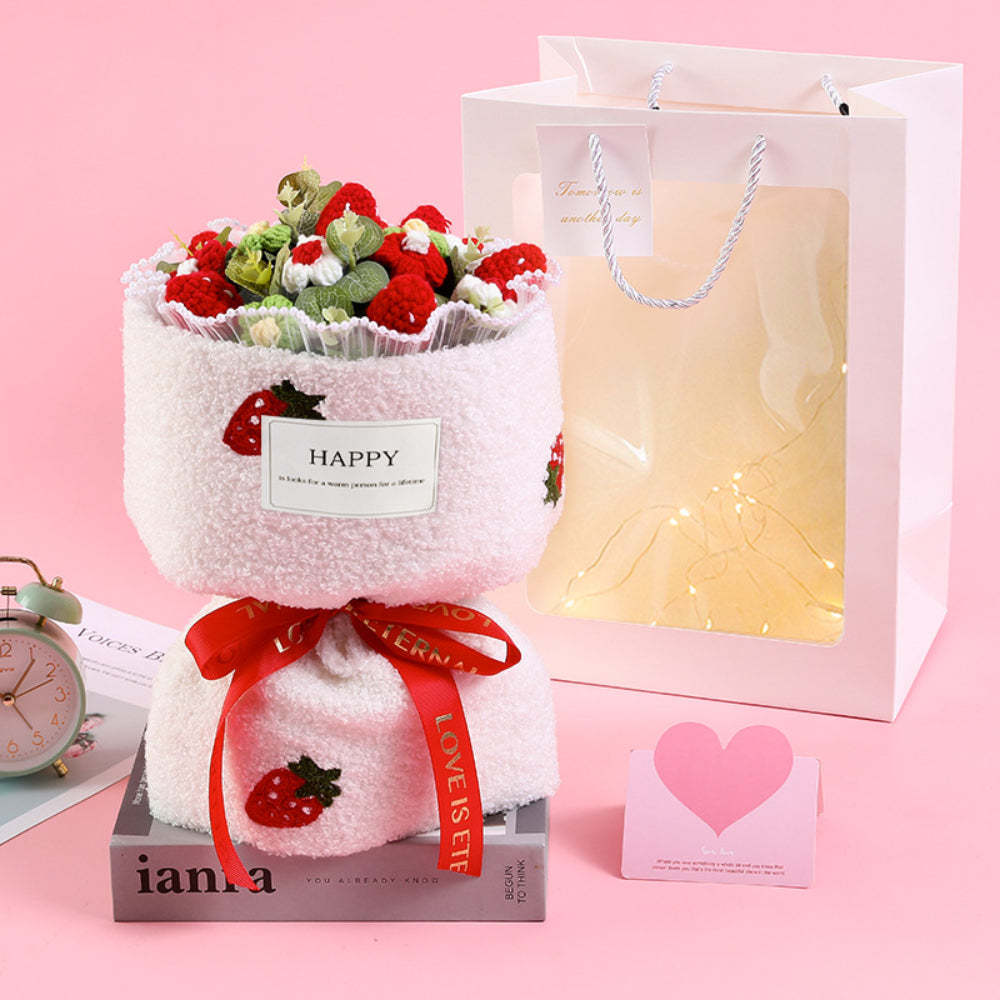 Crochet Flowers Bouquet Handmade Knitted Strawberry Bouquet with Light Strip Gift for Lovers - yournamenecklaceuk