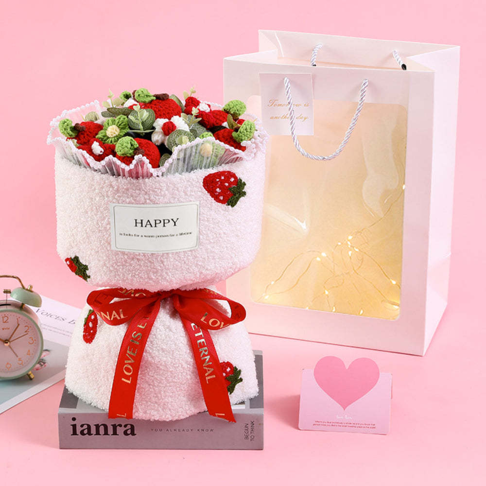 Crochet Flowers Bouquet Handmade Knitted Strawberry Bouquet with Light Strip Gift for Lovers - yournamenecklaceuk