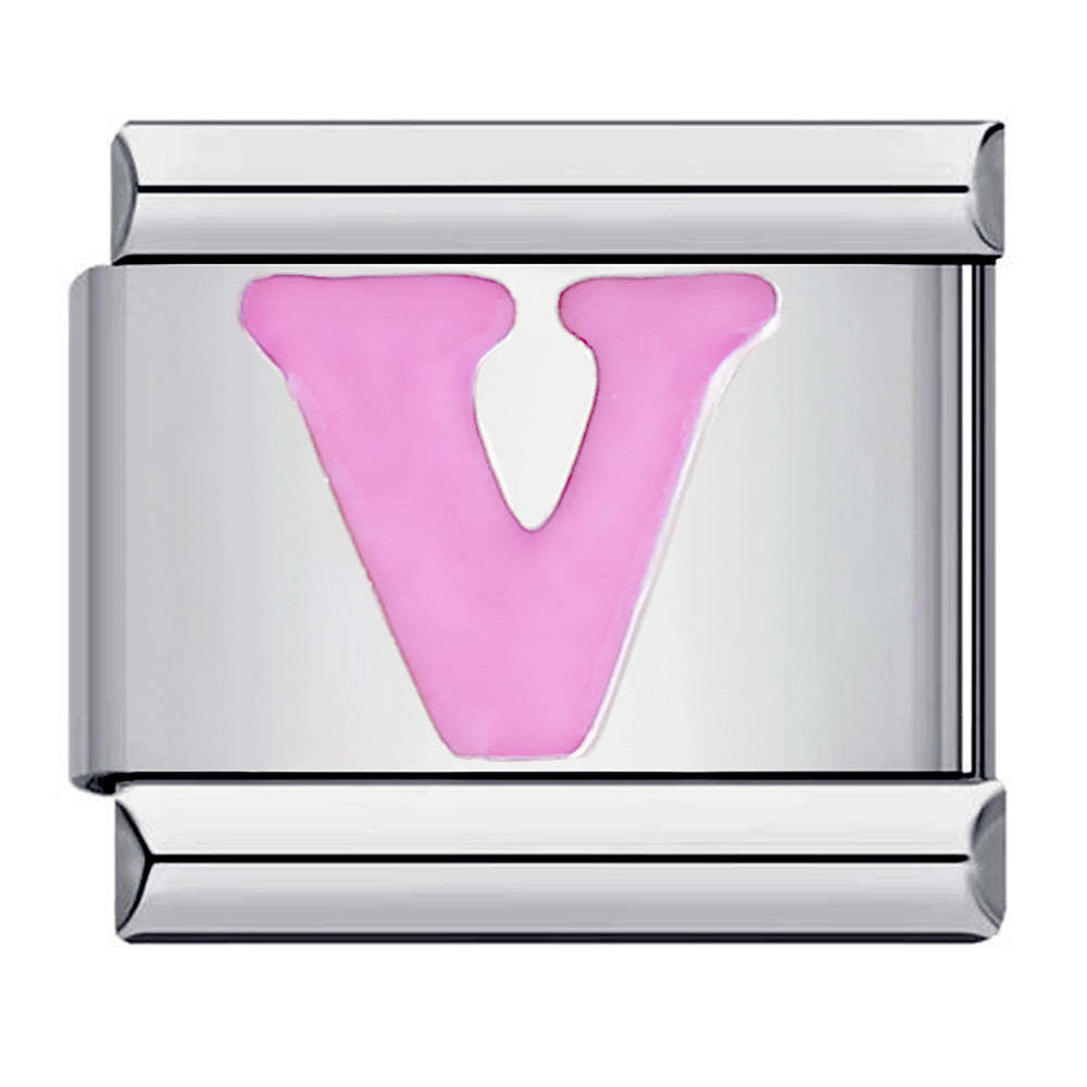Pink Letter V Italian Charm For Italian Charm Bracelets Composable Link - yournamenecklaceuk