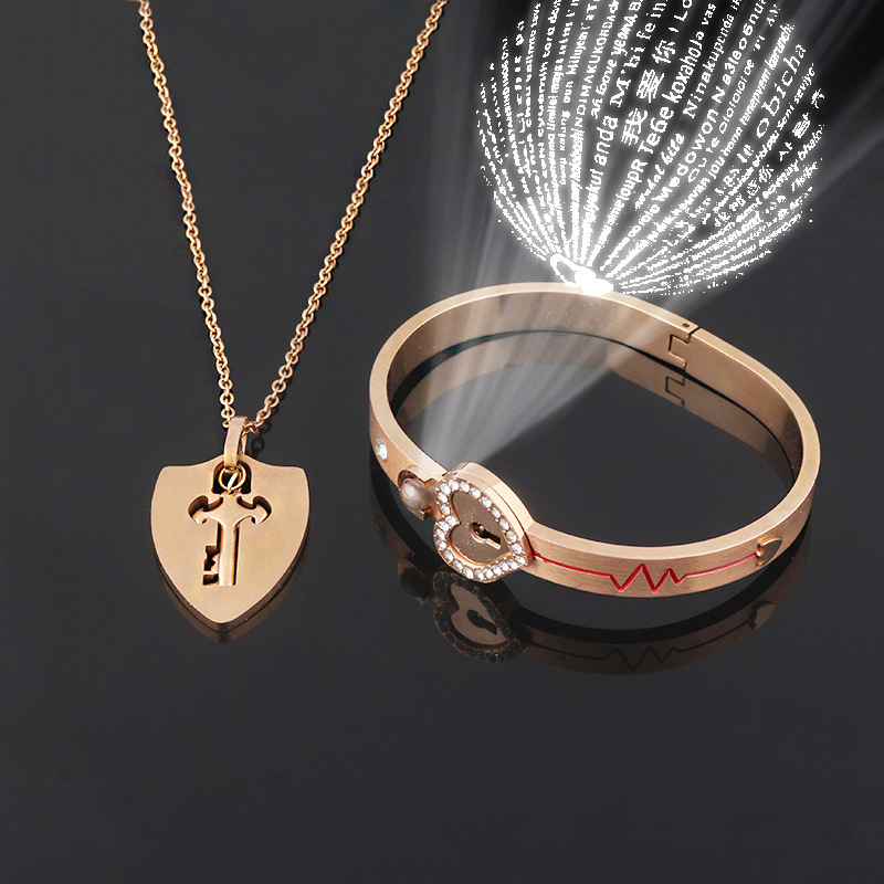 Unlock Your Love Personalized Projection Love Lock Couple Bracelet & Key Necklace Set Custom Photo or 'I Love You' in 100 Languages Matching Bracelet & Key Necklace