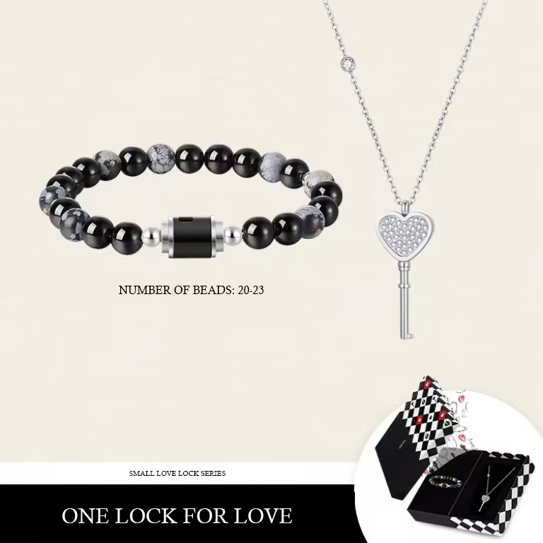 "One Lock for Love" Matching Crystal Bracelet & Key Necklace Set Natural Agate Bracelet with Key Necklace for Couples
