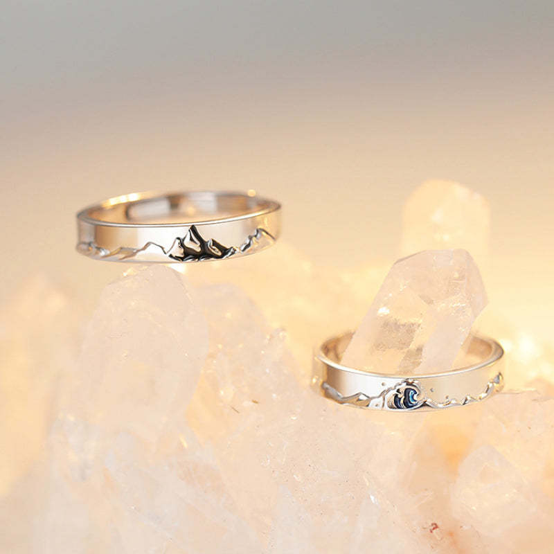 Mountain Ocean Couple Rings Matching Adjustable Ring Jewelry Gift for Lovers - yournamenecklaceuk