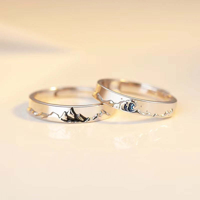 Mountain Ocean Couple Rings Matching Adjustable Ring Jewelry Gift for Lovers - yournamenecklaceuk