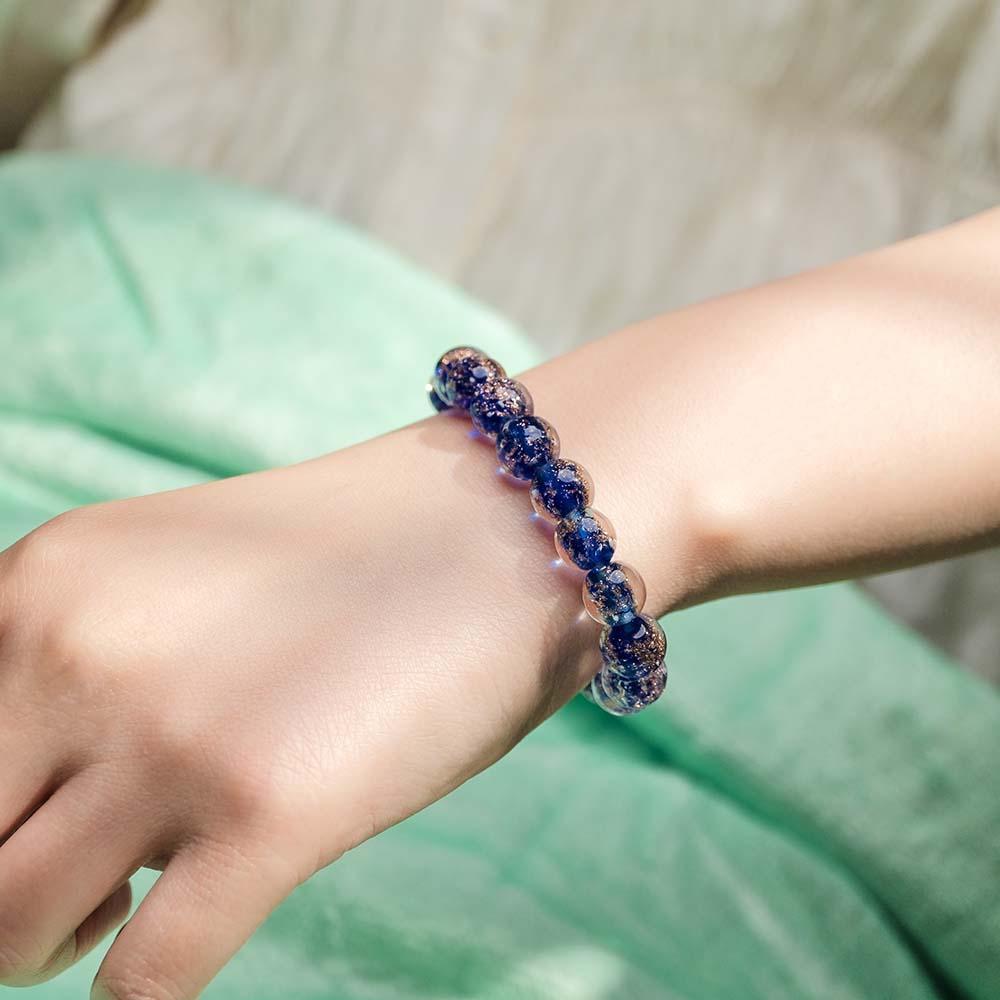 Cerulean Blue Firefly Glass Stretch Beaded Bracelet Glow in the Dark Luminous Bracelet - yournamenecklaceuk