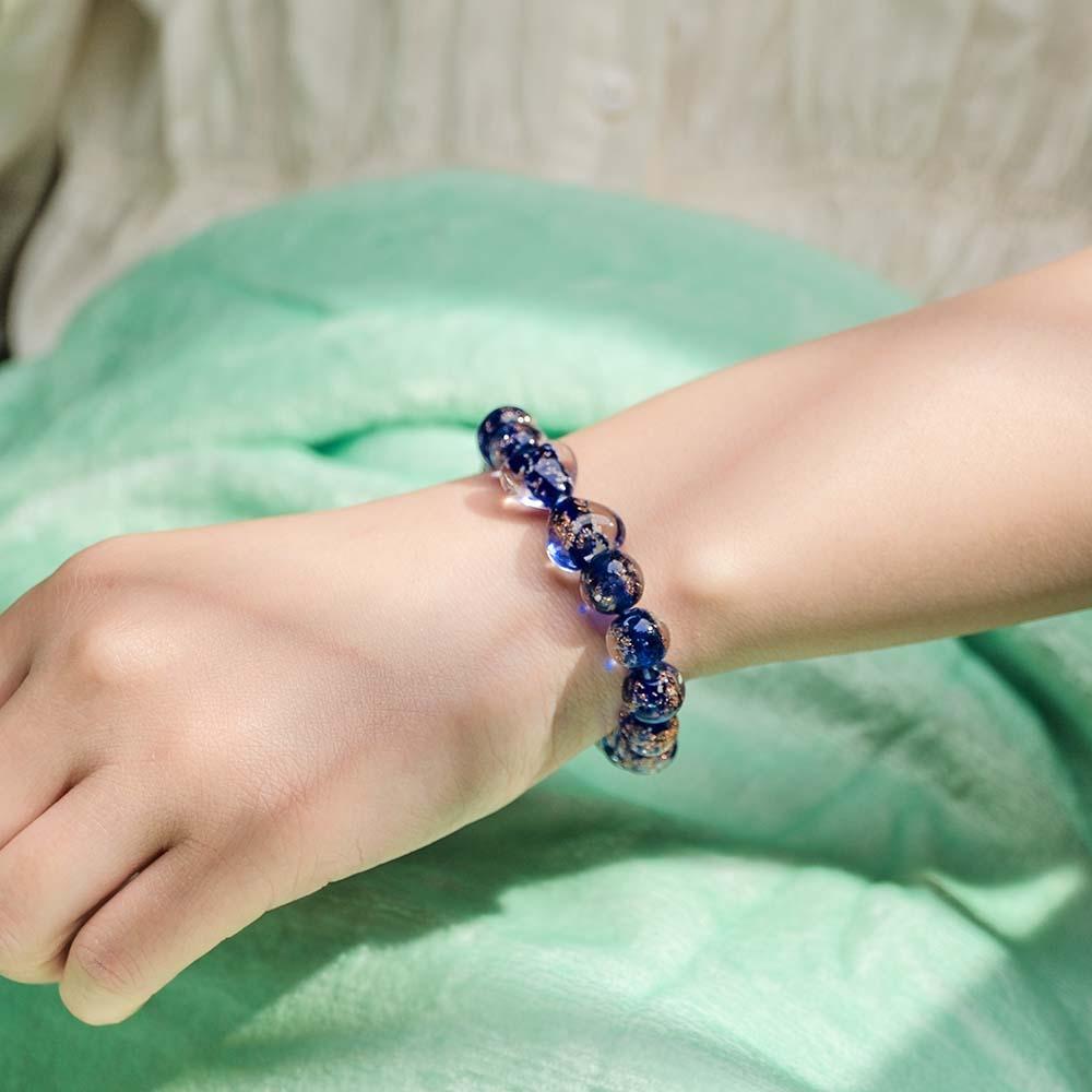 Dark Blue Heart-to-Heart Firefly Glass Stretch Beaded Bracelet Glow in the Dark Luminous Bracelet - yournamenecklaceuk