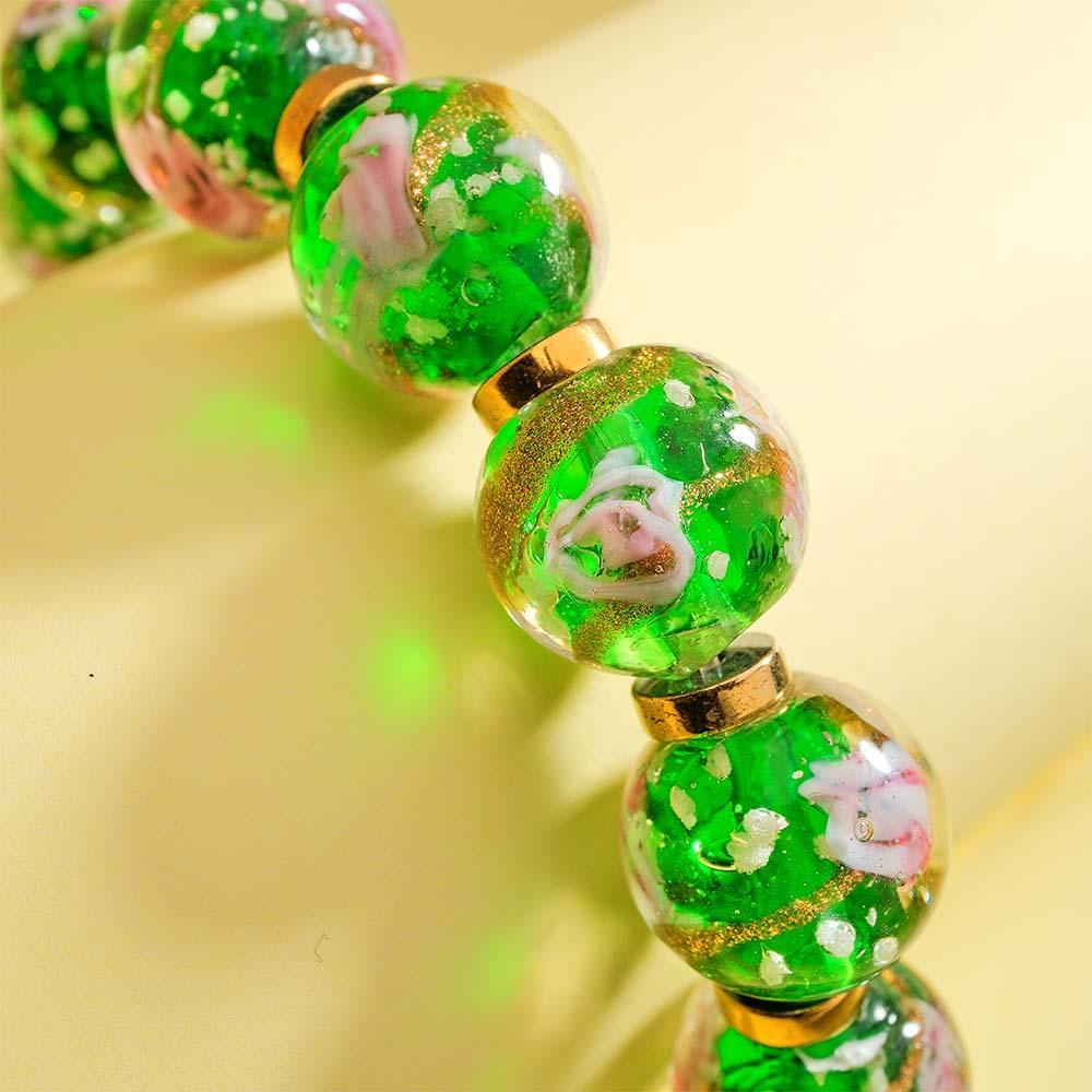 Green with Flowers Firefly Glass Stretch Beaded Bracelet Glow in the Dark Luminous Bracelet - yournamenecklaceuk