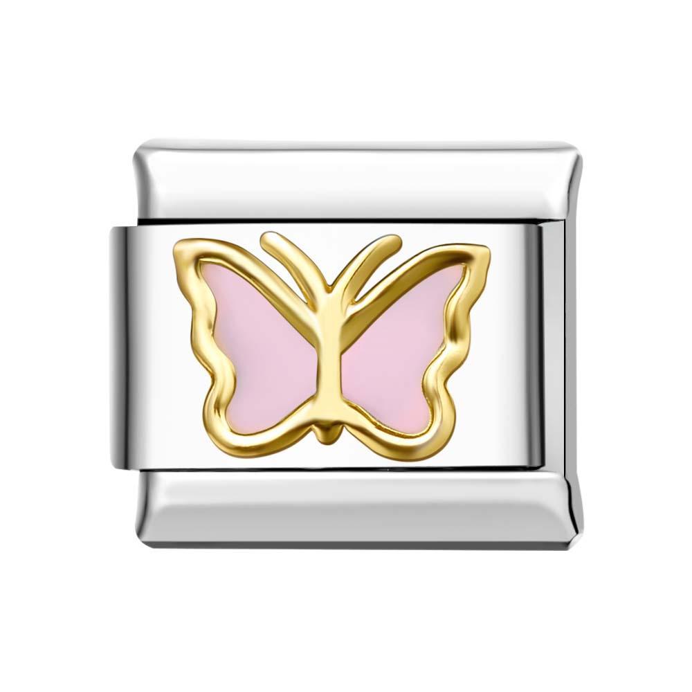 Gold Edge Butterfly - Pink Italian Charm For Italian Charm Bracelets Composable Link - yournamenecklaceuk