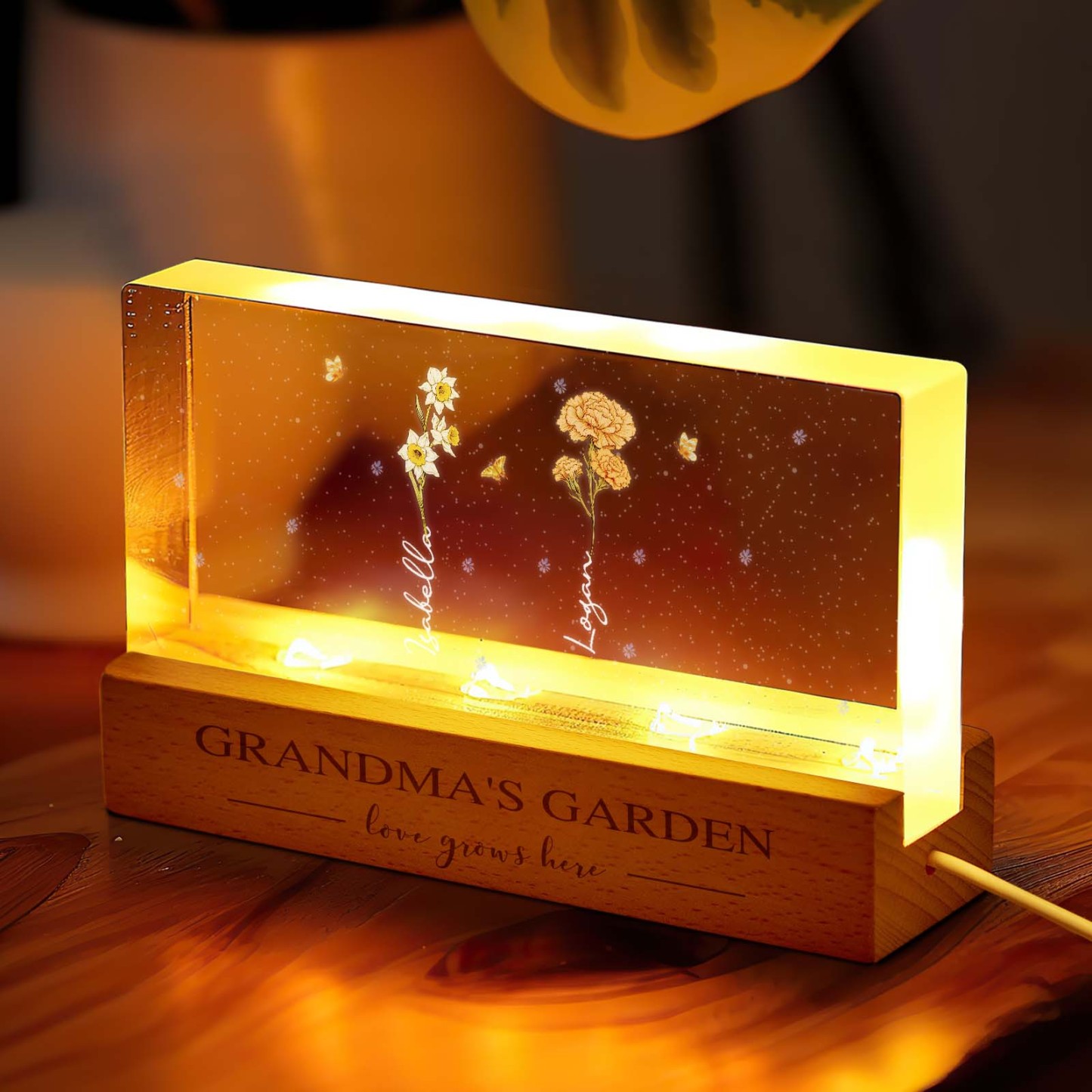 Grandma's Garden Birth Month Flowers Personalized Acrylic Block LED Night Light, A Heartfelt Gift for Grandma's Birthday, Mother's Day, or Just Because -  NameNecklaceUK