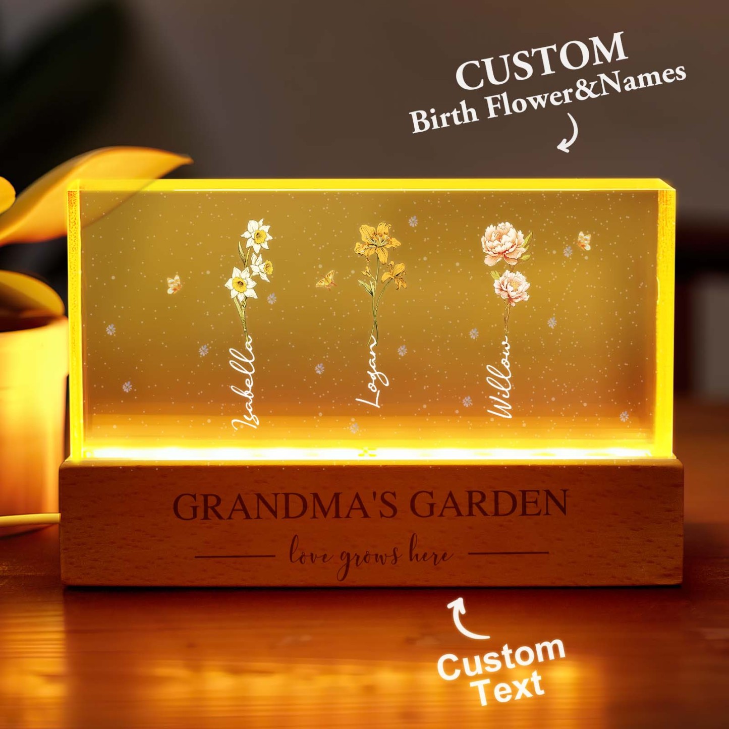 Grandma's Garden Birth Month Flowers Personalized Acrylic Block LED Night Light, A Heartfelt Gift for Grandma's Birthday, Mother's Day, or Just Because -  NameNecklaceUK