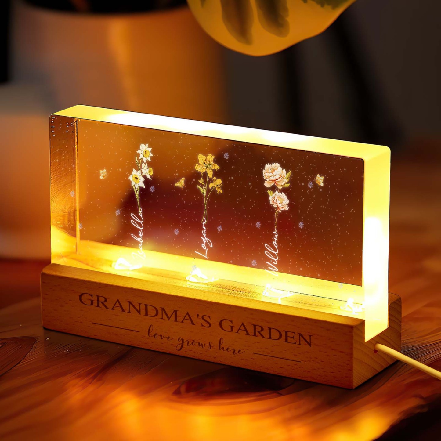 Grandma's Garden Birth Month Flowers Personalized Acrylic Block LED Night Light, A Heartfelt Gift for Grandma's Birthday, Mother's Day, or Just Because -  NameNecklaceUK