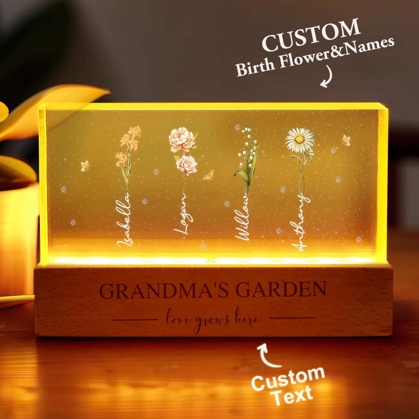Grandma's Garden Birth Month Flowers Personalized Acrylic Block LED Night Light, A Heartfelt Gift for Grandma's Birthday, Mother's Day, or Just Because -  NameNecklaceUK